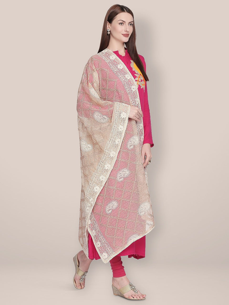 Cream & Gold Cotton Silk dupatta with Lucknowi Embroidery. freeshipping - Dupatta Bazaar