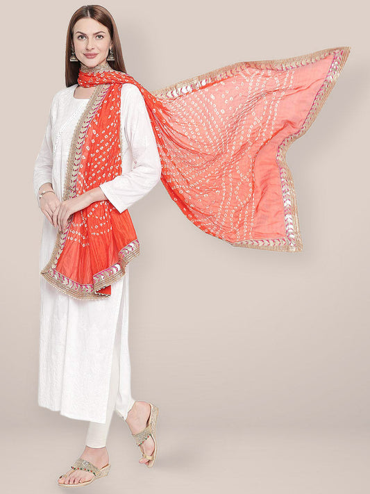 Orange Bandhini Silk dupatta with Gotta Patti Border. freeshipping - Dupatta Bazaar