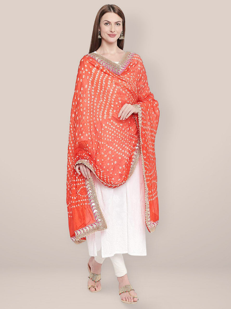 Orange Bandhini Silk dupatta with Gotta Patti Border. freeshipping - Dupatta Bazaar