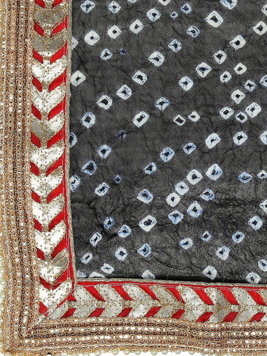 Dupatta Bazaar Woman's Black Bandhini Silk dupatta with Gotta Patti Border. - Dupatta Bazaar