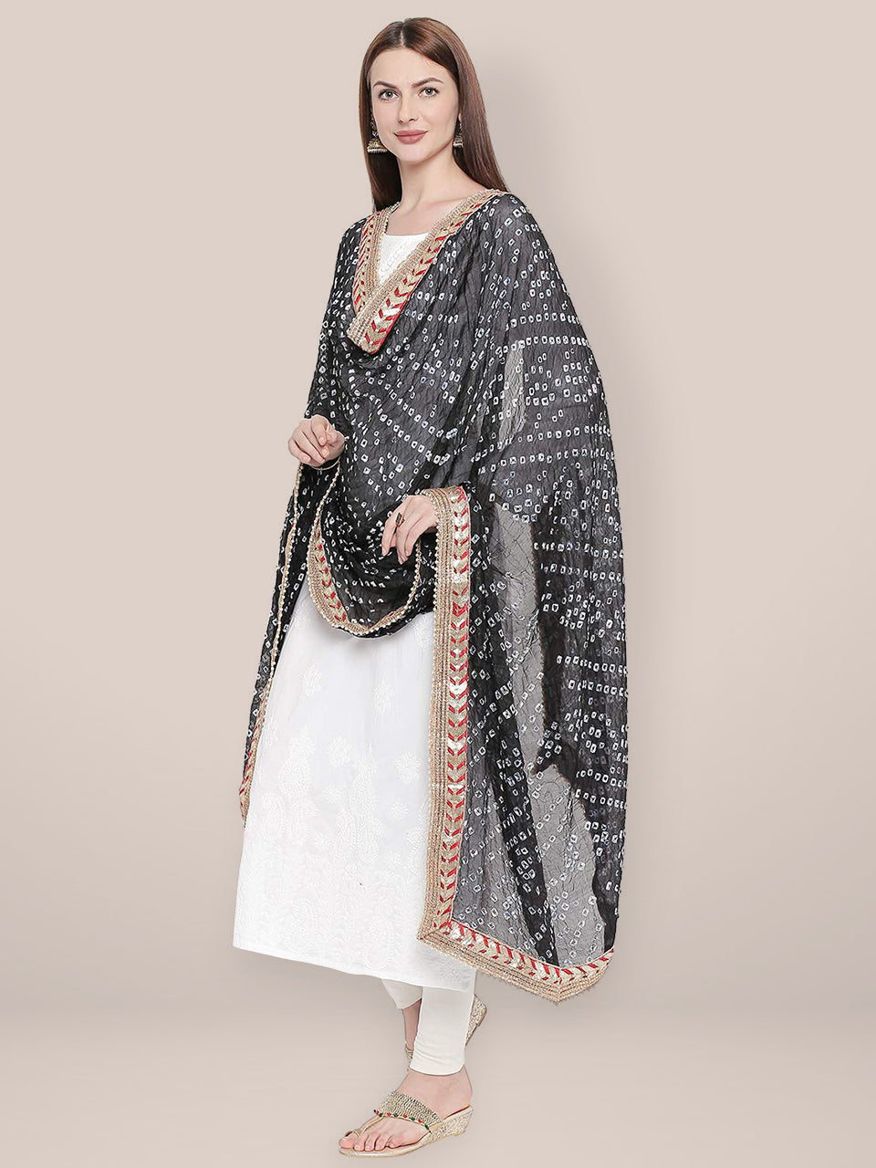 Black Bandhini Silk dupatta with Gotta Patti Border. freeshipping - Dupatta Bazaar