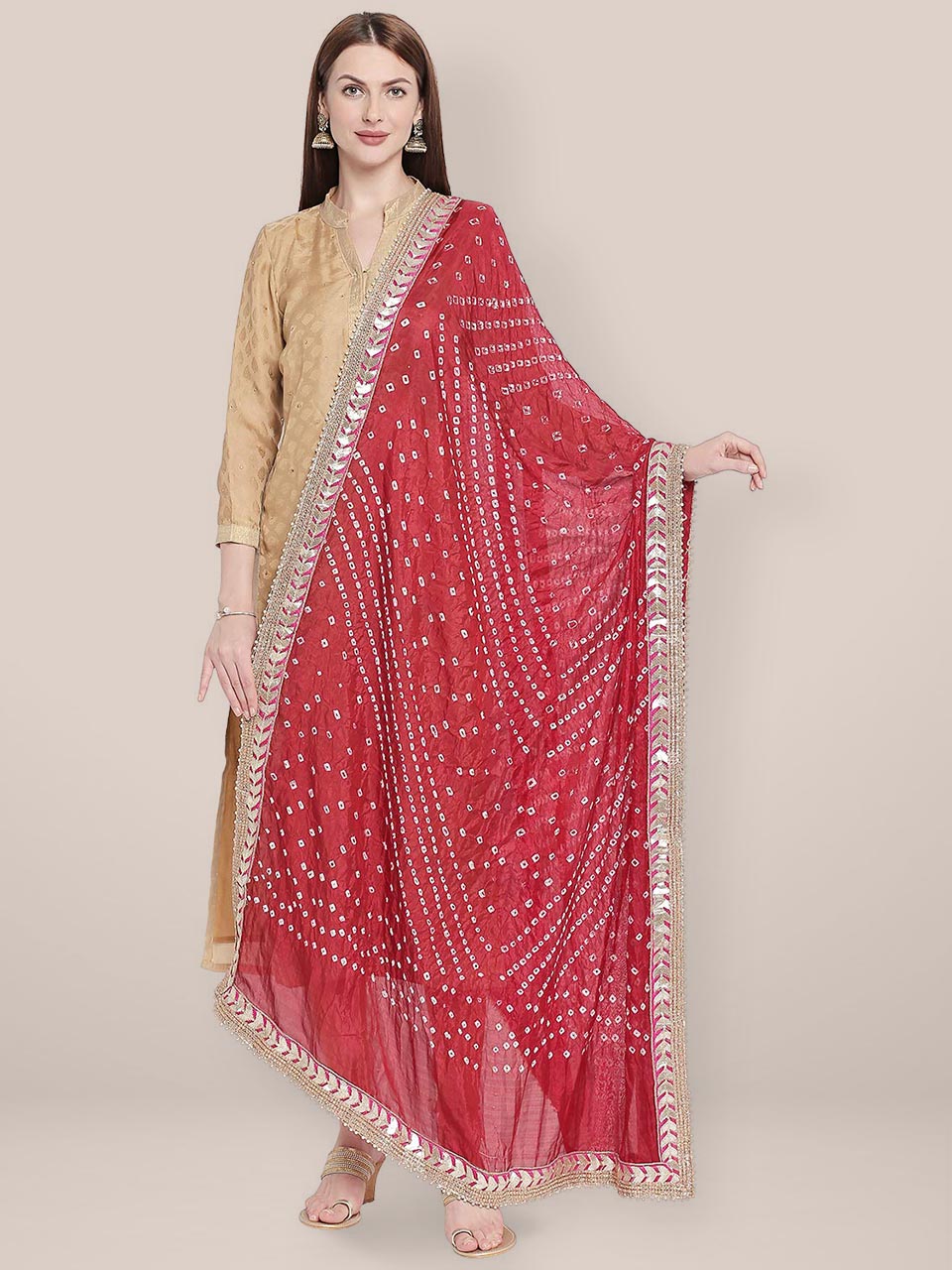 Maroon Bandhini Silk dupatta with Gotta Patti Border. freeshipping - Dupatta Bazaar