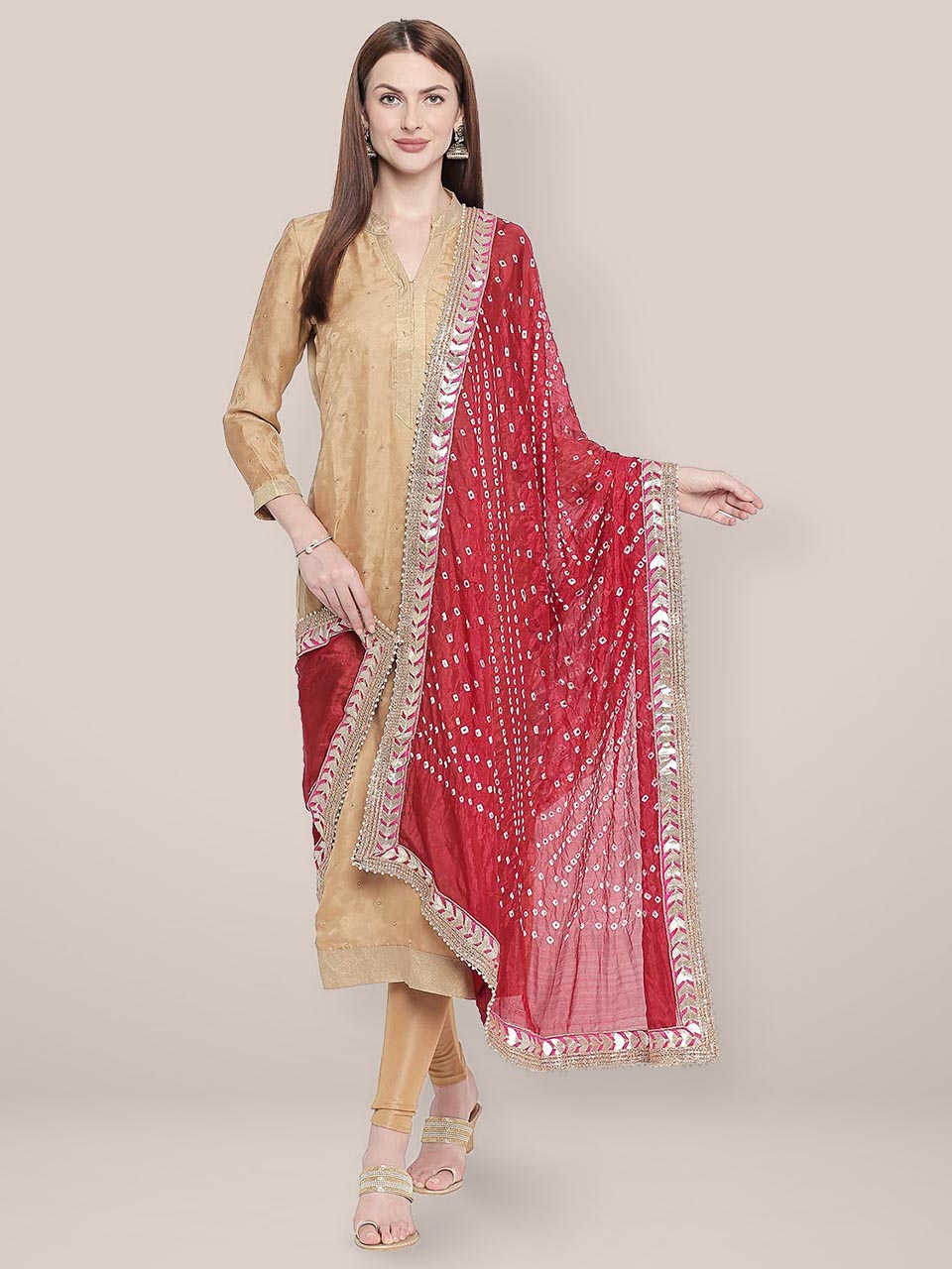 Maroon Bandhini Silk dupatta with Gotta Patti Border. freeshipping - Dupatta Bazaar