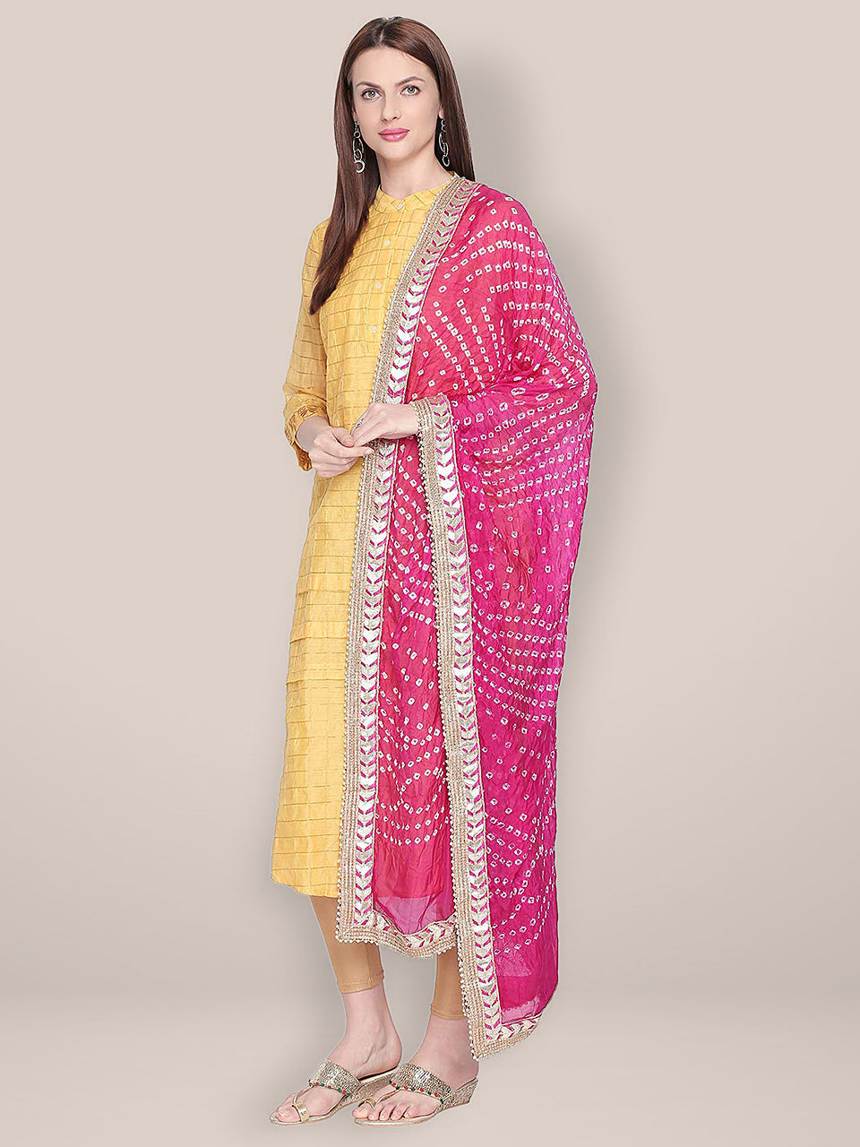 Pink Bandhini Silk dupatta with Gotta Patti Border. freeshipping - Dupatta Bazaar
