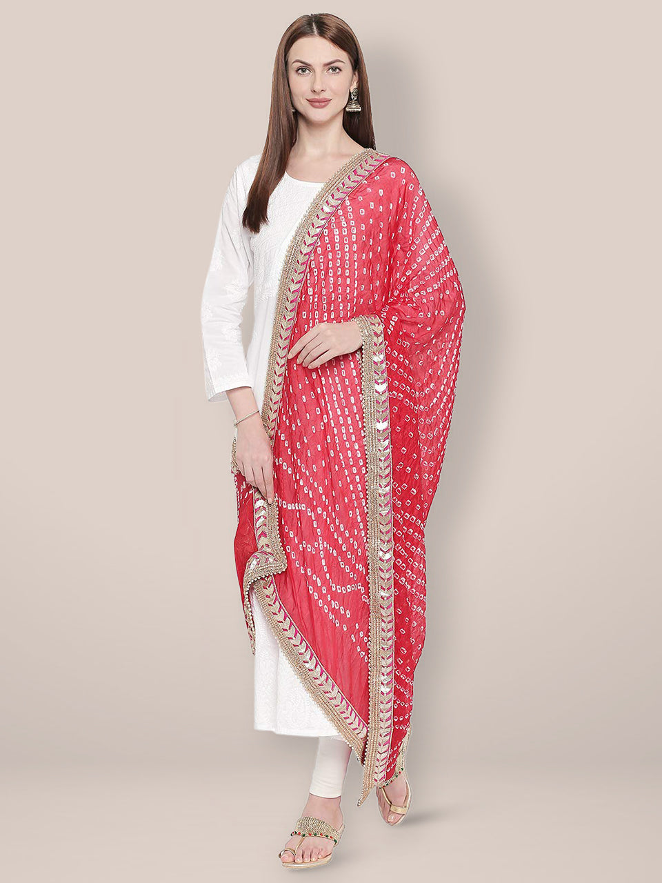 Red Bandhini Silk dupatta with Gotta Patti Border. freeshipping - Dupatta Bazaar