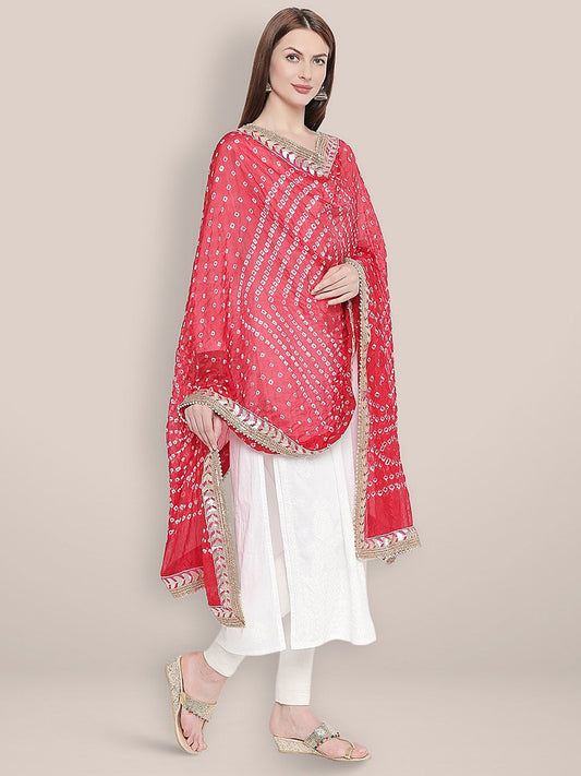 Red Bandhini Silk dupatta with Gotta Patti Border. freeshipping - Dupatta Bazaar