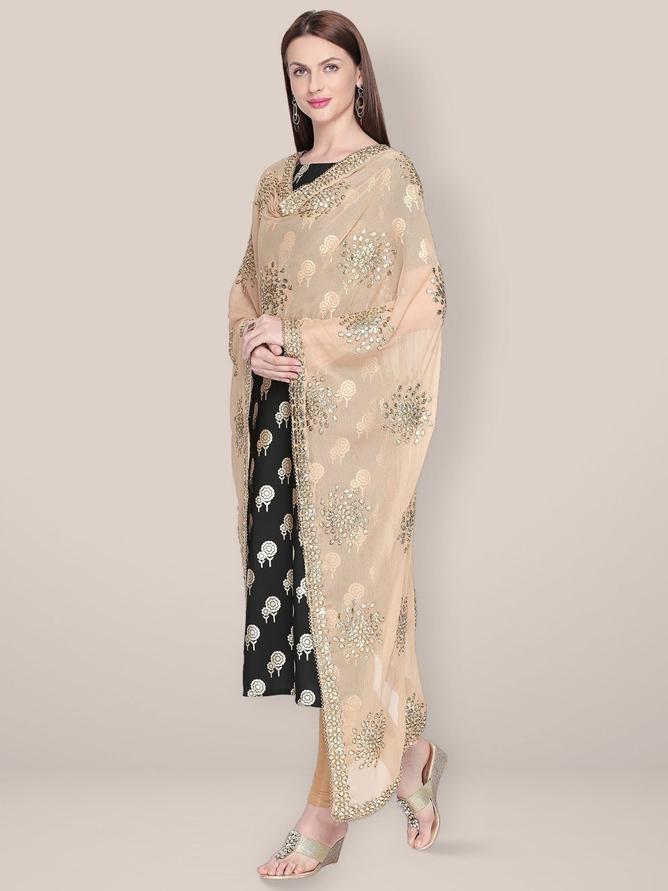 Embellished Beige & Gold Chiffon Dupatta. freeshipping - Dupatta Bazaar