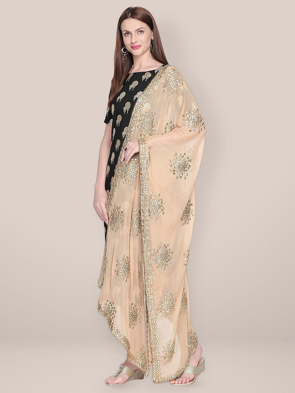 Embellished Beige & Gold Chiffon Dupatta. freeshipping - Dupatta Bazaar
