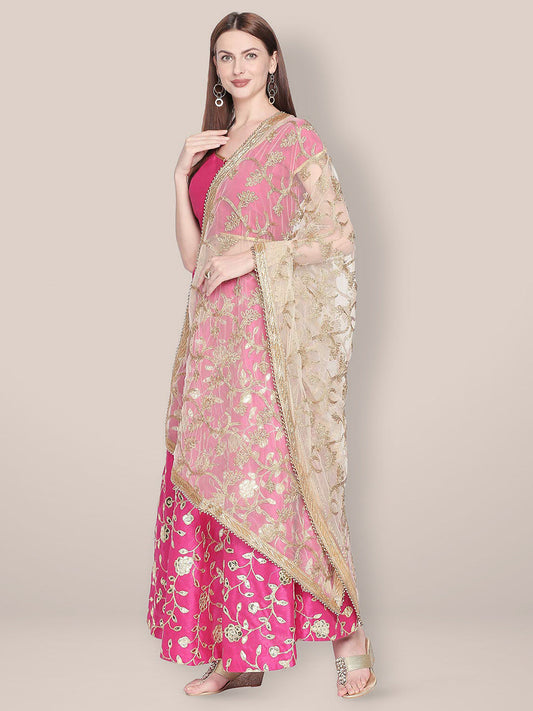 White & Gold Embroidered Net Dupatta. freeshipping - Dupatta Bazaar