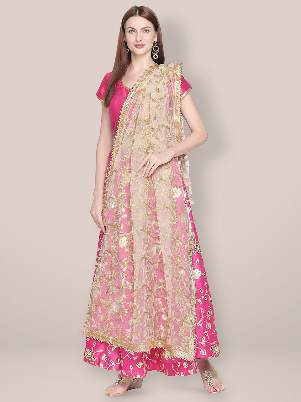 White & Gold Embroidered Net Dupatta. freeshipping - Dupatta Bazaar