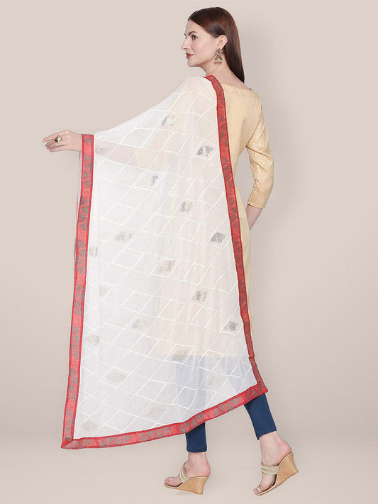 White & Red Chiffon dupatta with Embroidery & Baadla Work. freeshipping - Dupatta Bazaar