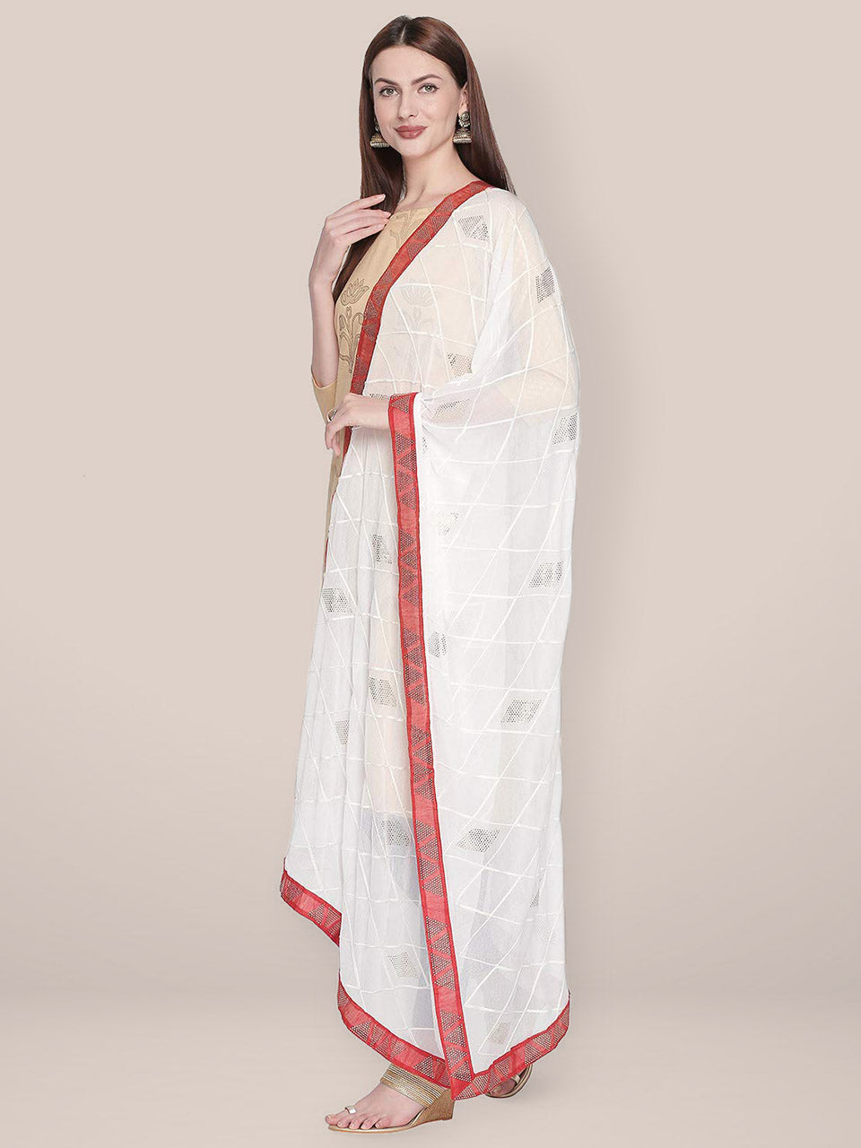 White & Red Chiffon dupatta with Embroidery & Baadla Work. freeshipping - Dupatta Bazaar
