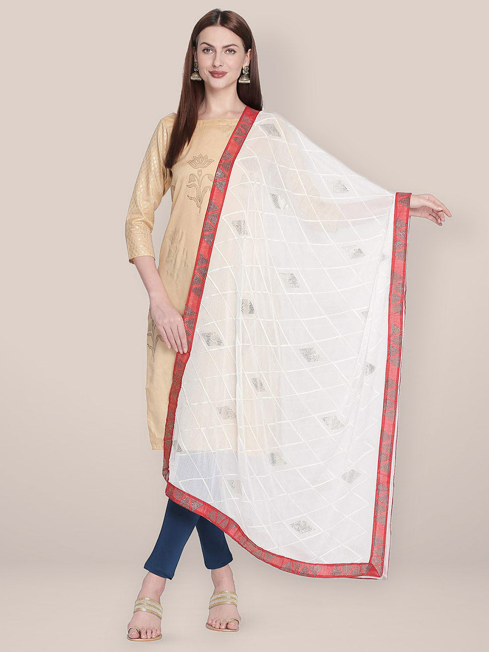White & Red Chiffon dupatta with Embroidery & Baadla Work. freeshipping - Dupatta Bazaar
