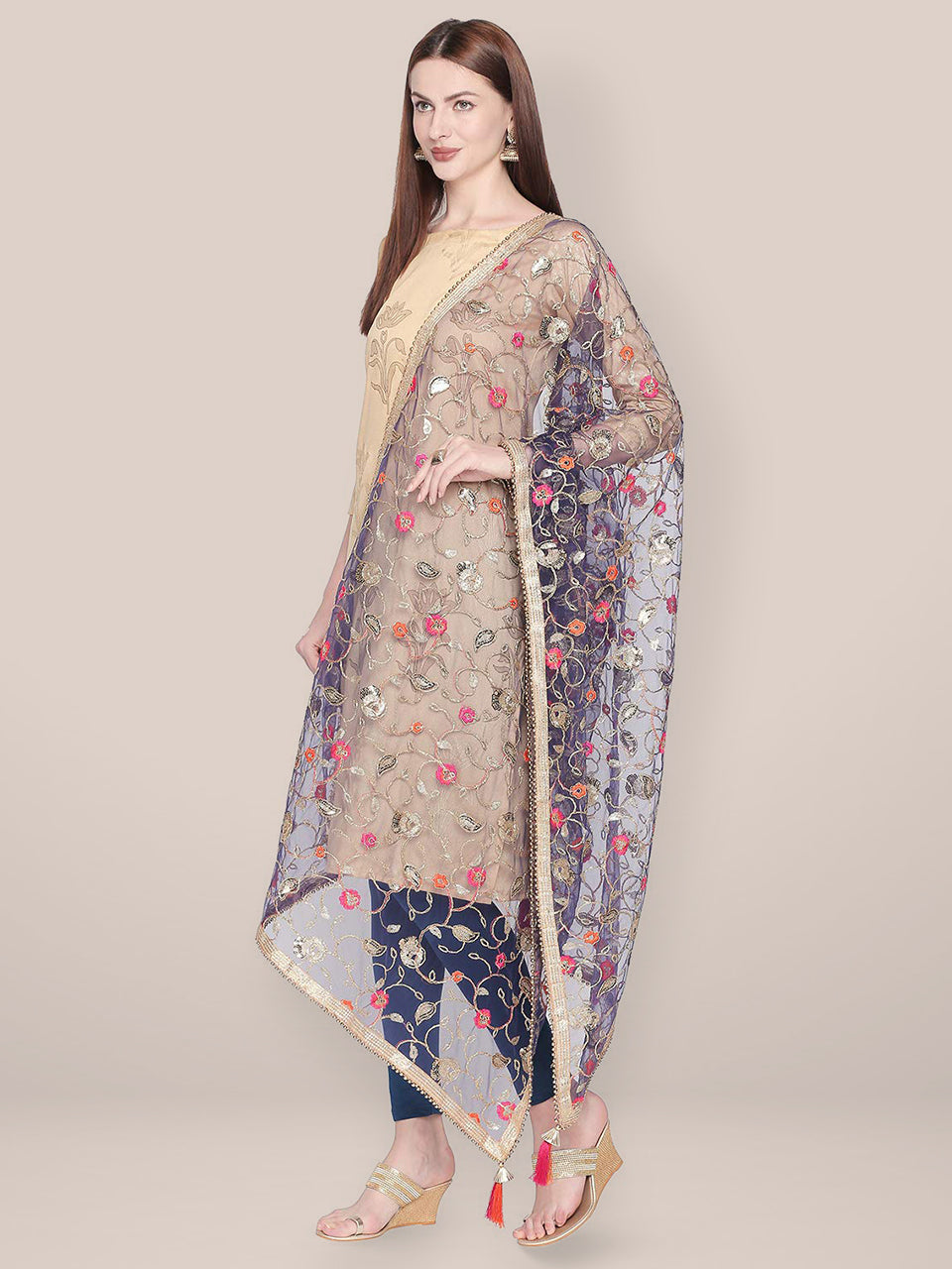 Embroidered Navy Blue & Gold Net Dupatta. freeshipping - Dupatta Bazaar