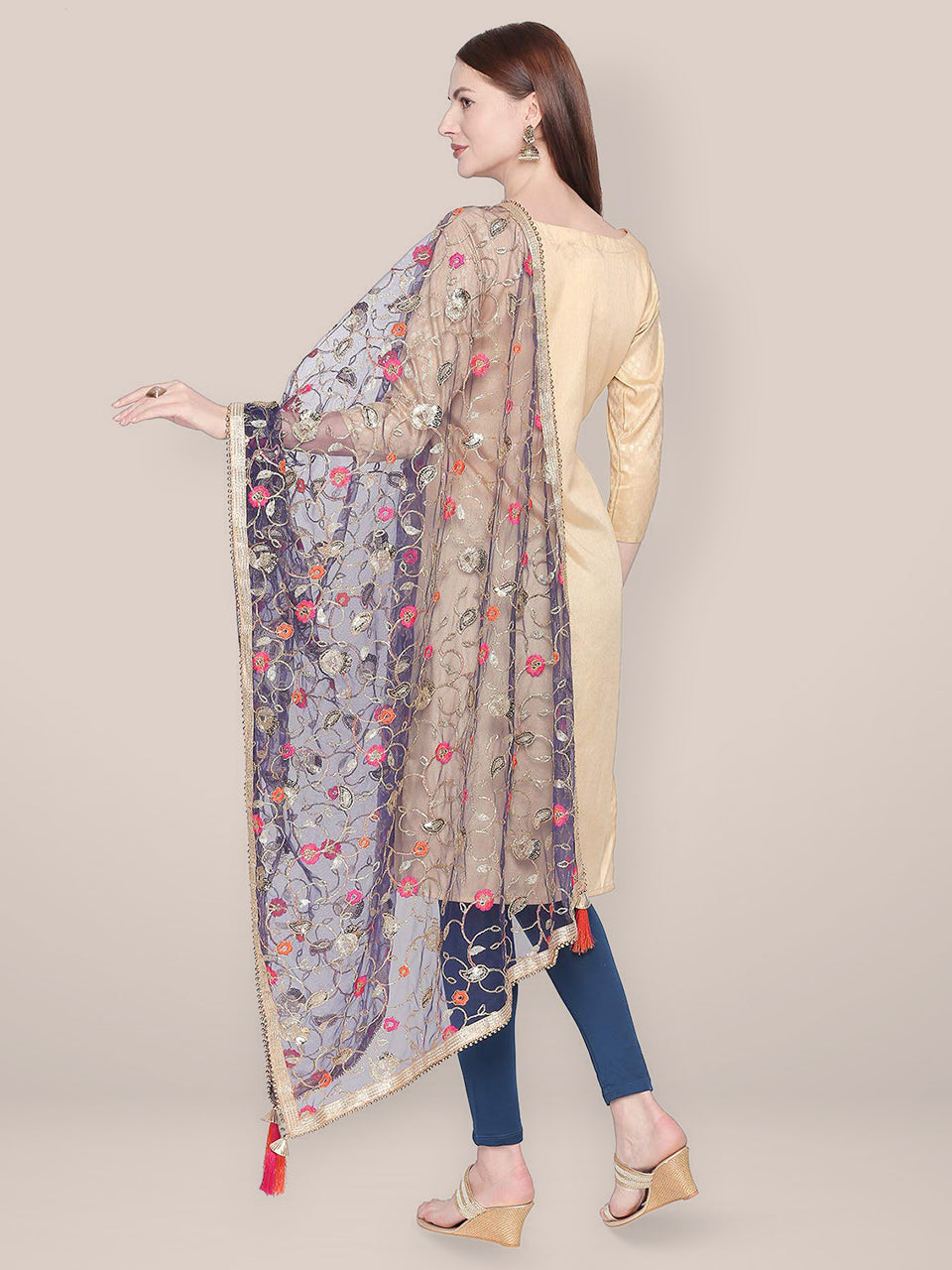 Embroidered Navy Blue & Gold Net Dupatta. freeshipping - Dupatta Bazaar