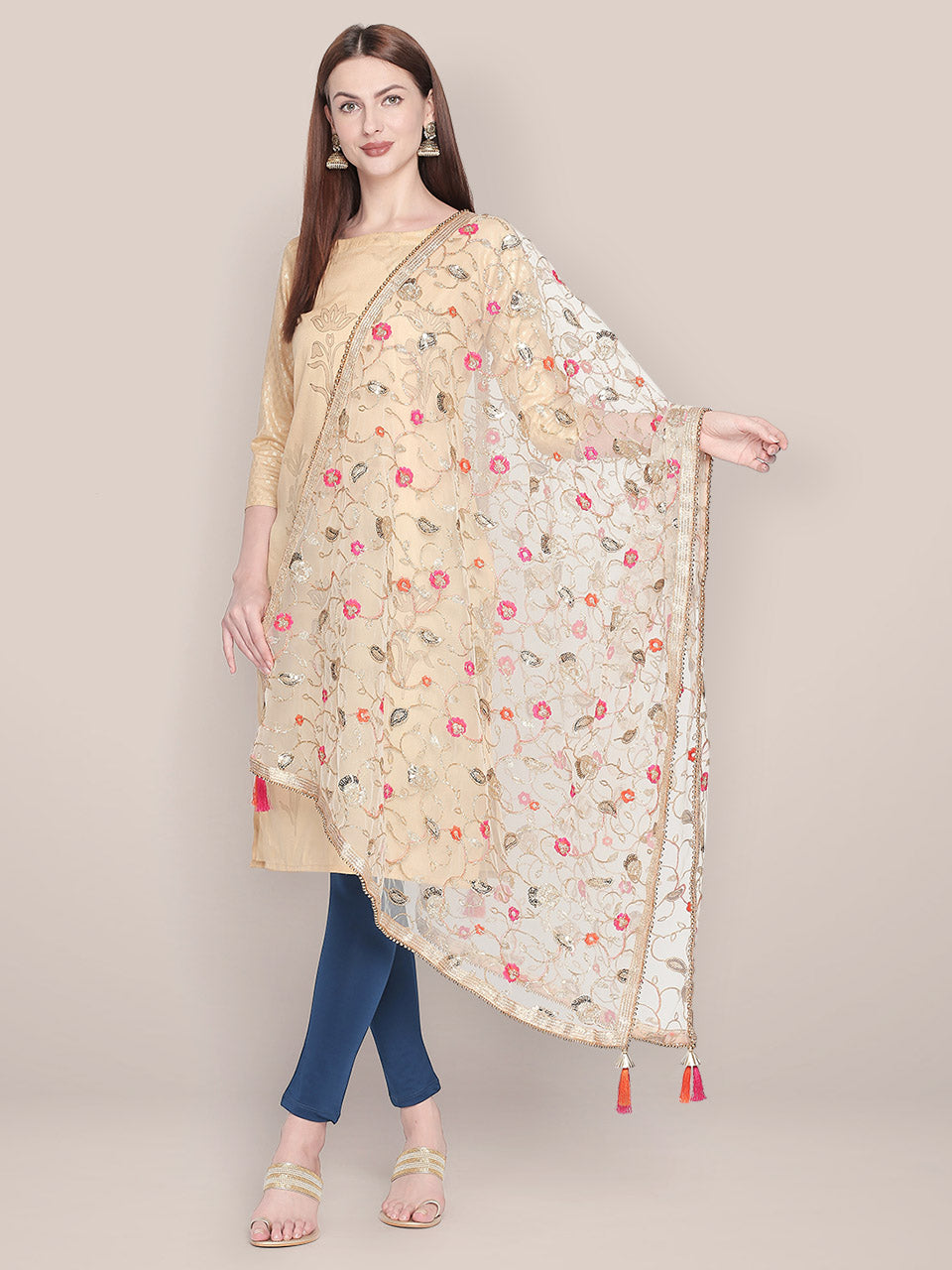 Floral Embroidered White & Gold Net Dupatta. freeshipping - Dupatta Bazaar