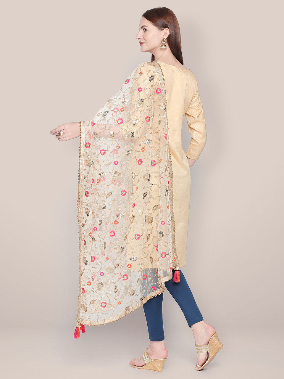 Floral Embroidered White & Gold Net Dupatta. freeshipping - Dupatta Bazaar