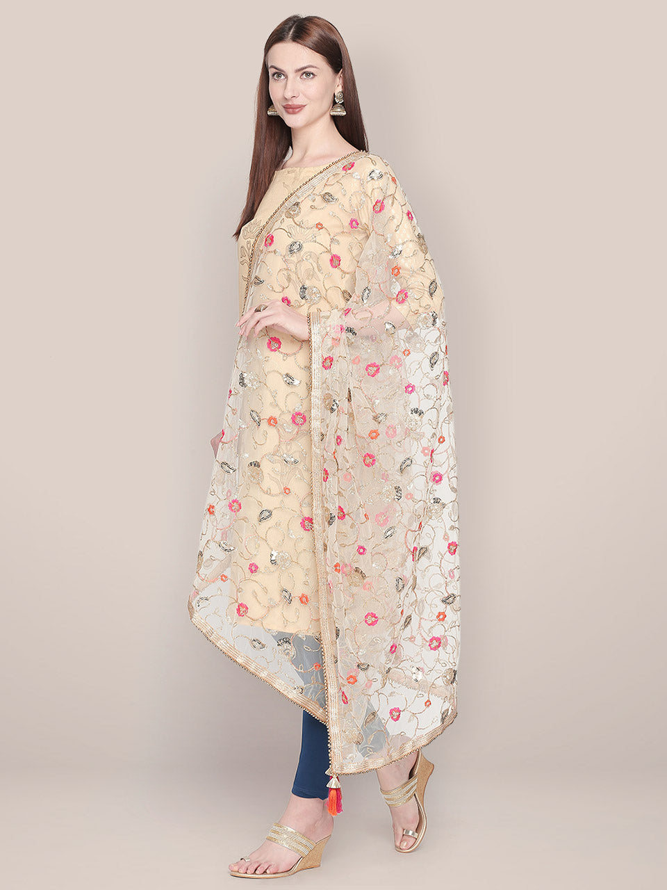 Floral Embroidered White & Gold Net Dupatta. freeshipping - Dupatta Bazaar