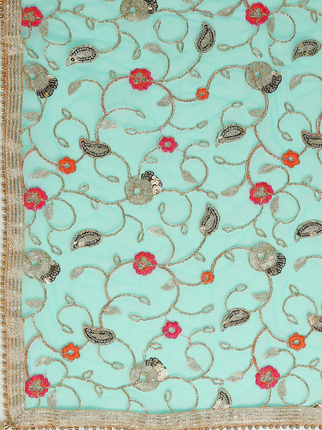 Dupatta Bazaar Woman's Embroidered Sea Green & Gold Net Dupatta. - Dupatta Bazaar