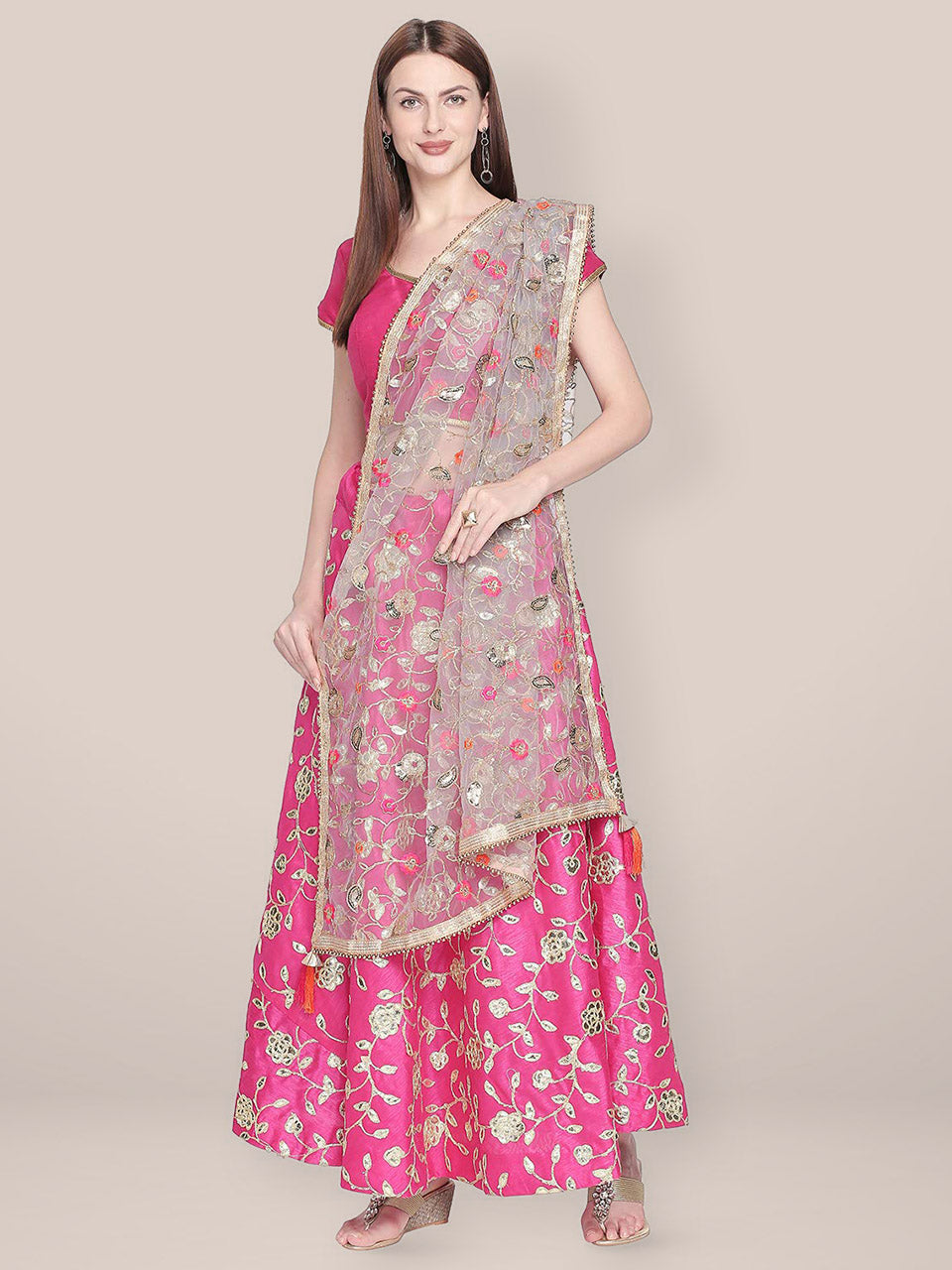 Floral Embroidered Grey & Gold Net Dupatta. freeshipping - Dupatta Bazaar