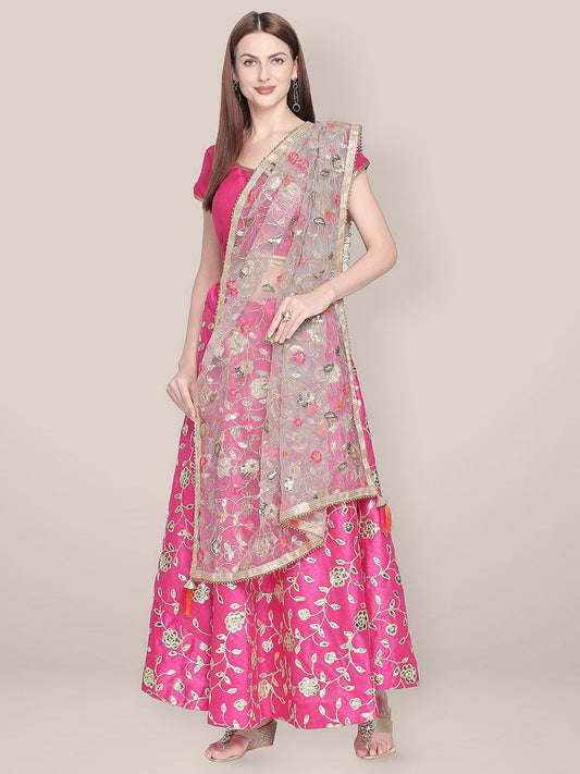 Floral Embroidered Grey & Gold Net Dupatta. freeshipping - Dupatta Bazaar