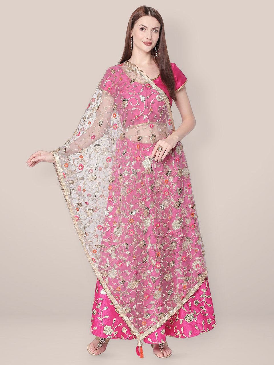 Floral Embroidered Grey & Gold Net Dupatta. freeshipping - Dupatta Bazaar