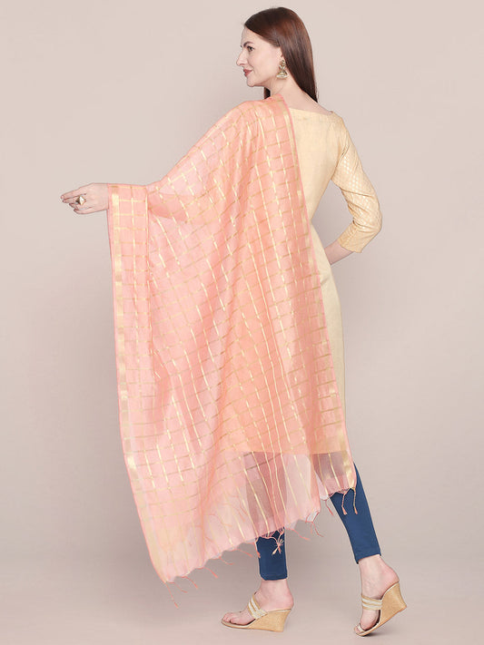 Checkered Peach & Gold Blended Silk Dupatta. freeshipping - Dupatta Bazaar