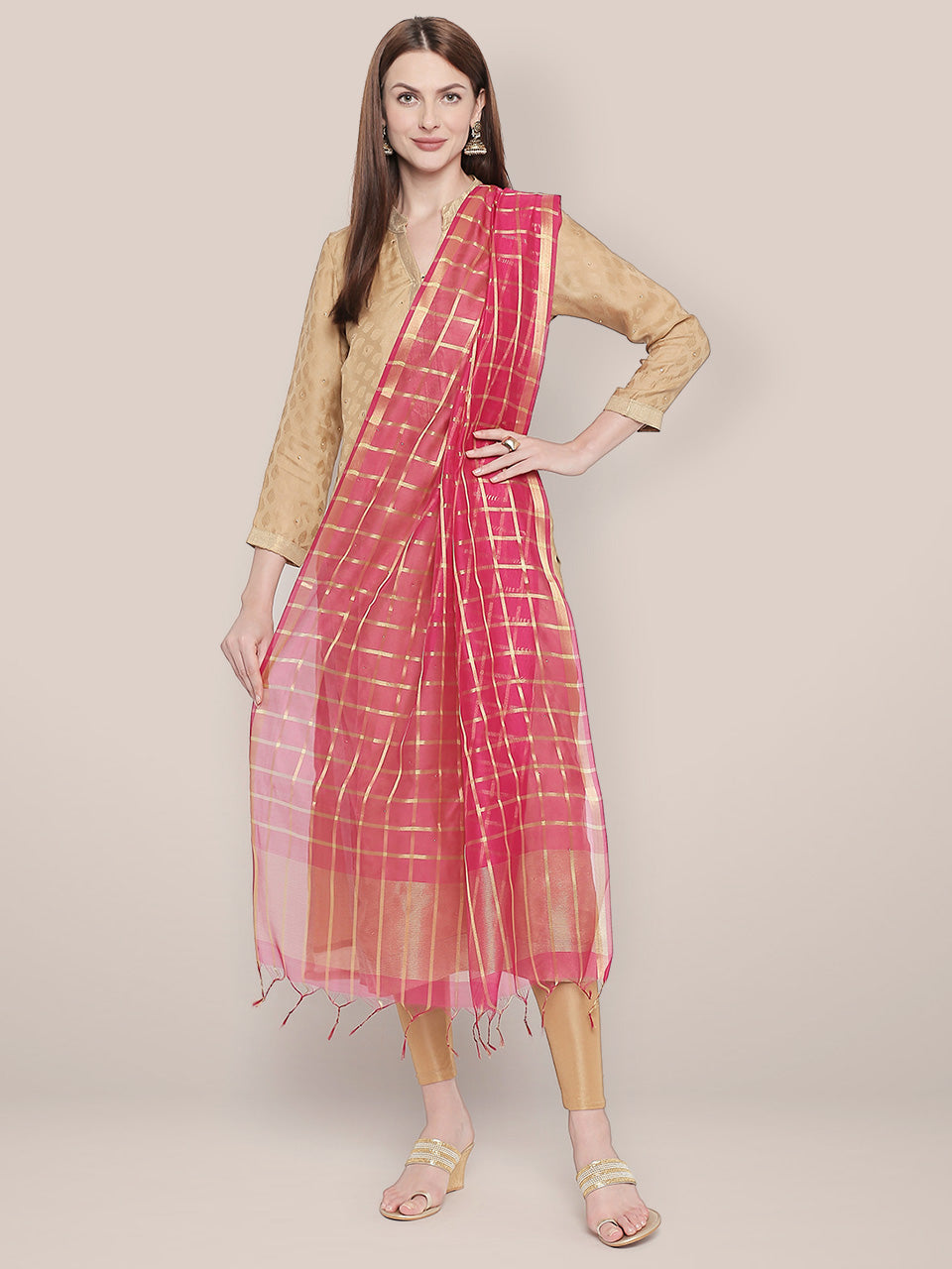 Checkered Pink & Gold Blended Silk Dupatta. freeshipping - Dupatta Bazaar