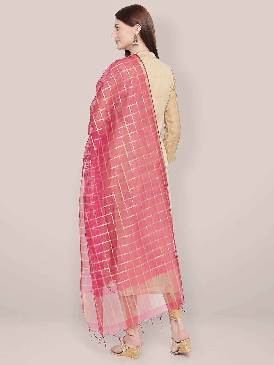 Checkered Pink & Gold Blended Silk Dupatta. freeshipping - Dupatta Bazaar