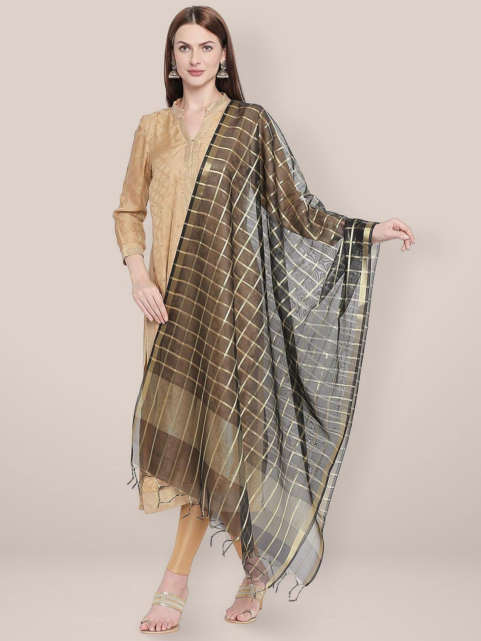 Checkered Black & Gold Blended Silk Dupatta. freeshipping - Dupatta Bazaar