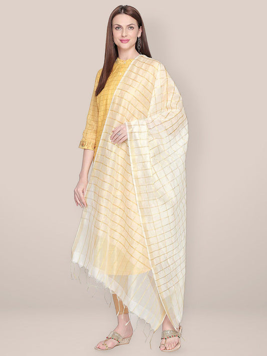 Checkered White & Gold Blended Silk Dupatta. freeshipping - Dupatta Bazaar