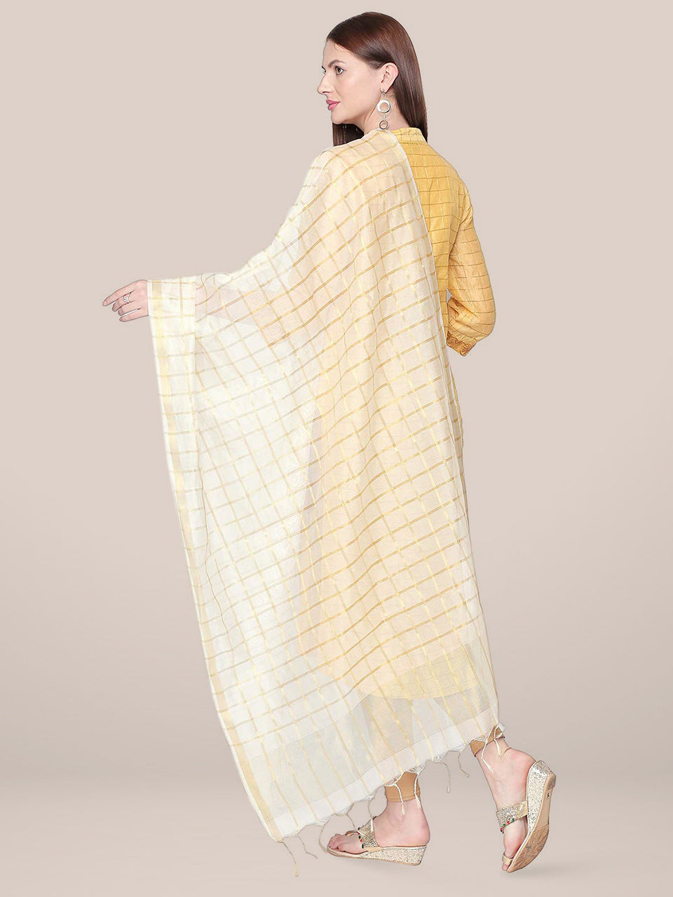 Checkered White & Gold Blended Silk Dupatta. freeshipping - Dupatta Bazaar
