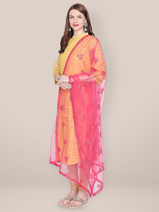 Embroidered Pink Net Dupatta. freeshipping - Dupatta Bazaar