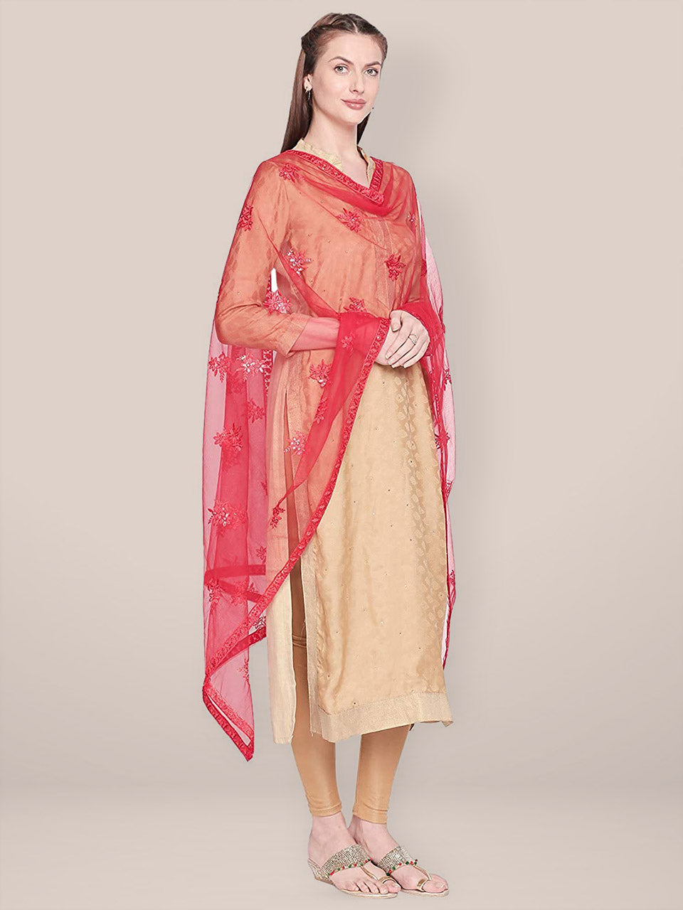 Embroidered Red Net Dupatta. freeshipping - Dupatta Bazaar