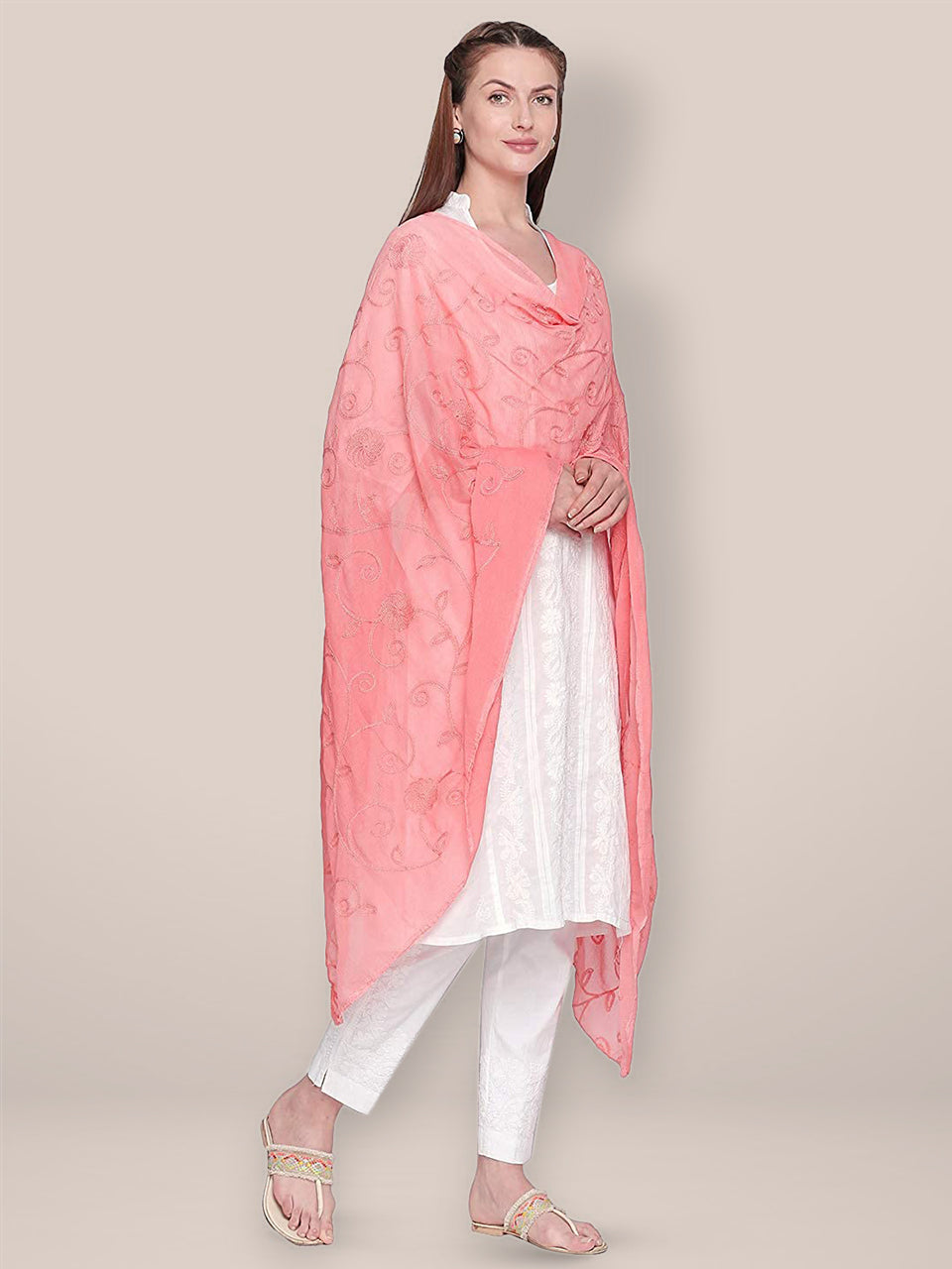 Embroidered Peach Chiffon Dupatta. freeshipping - Dupatta Bazaar