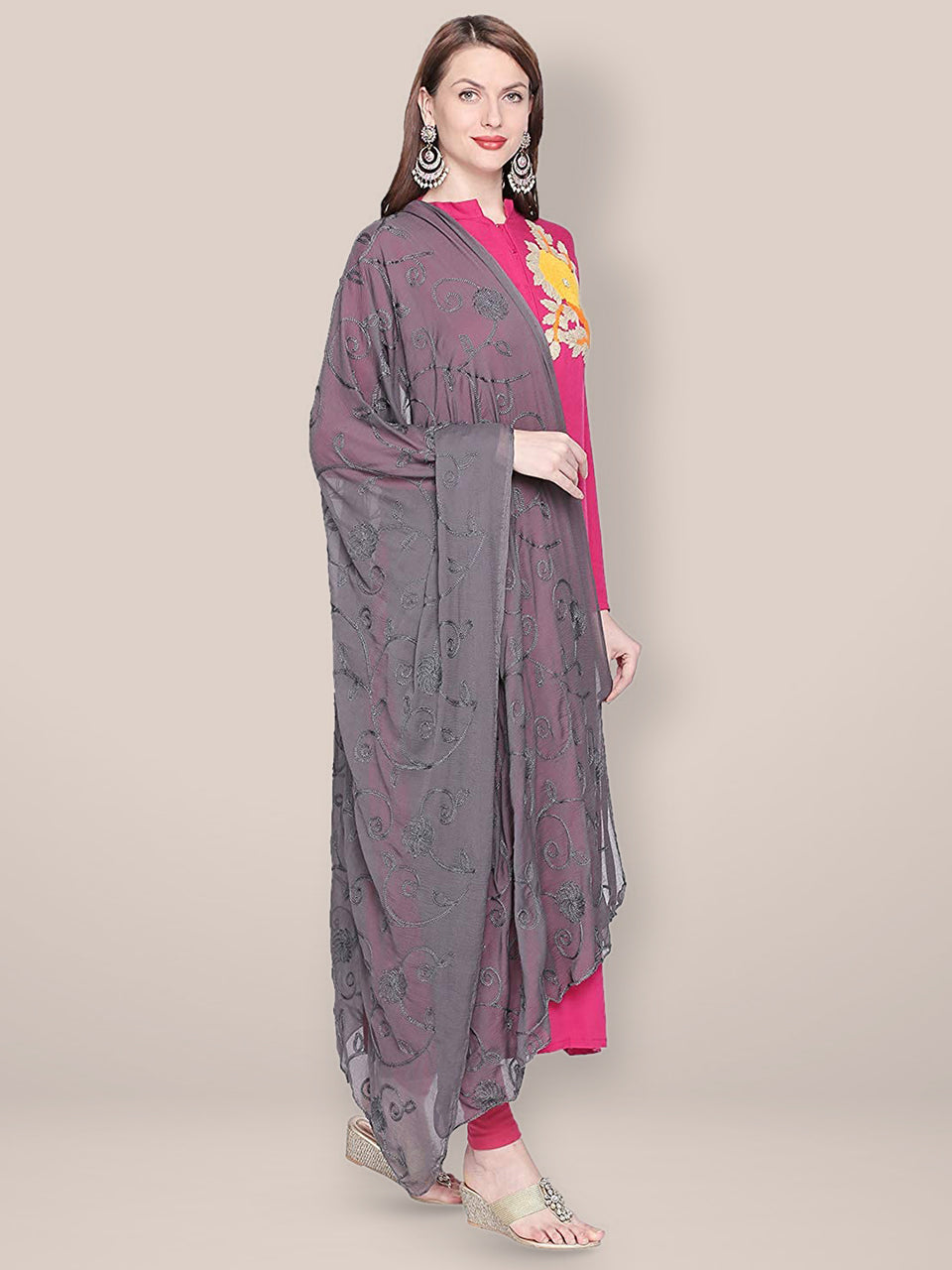 Embroidered Grey Chiffon Dupatta. freeshipping - Dupatta Bazaar