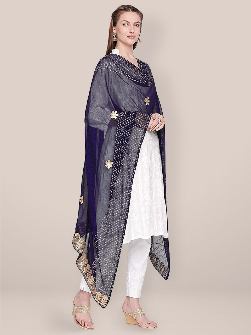 Navy Blue Chiffon Dupatta with Gotta Patti work freeshipping - Dupatta Bazaar