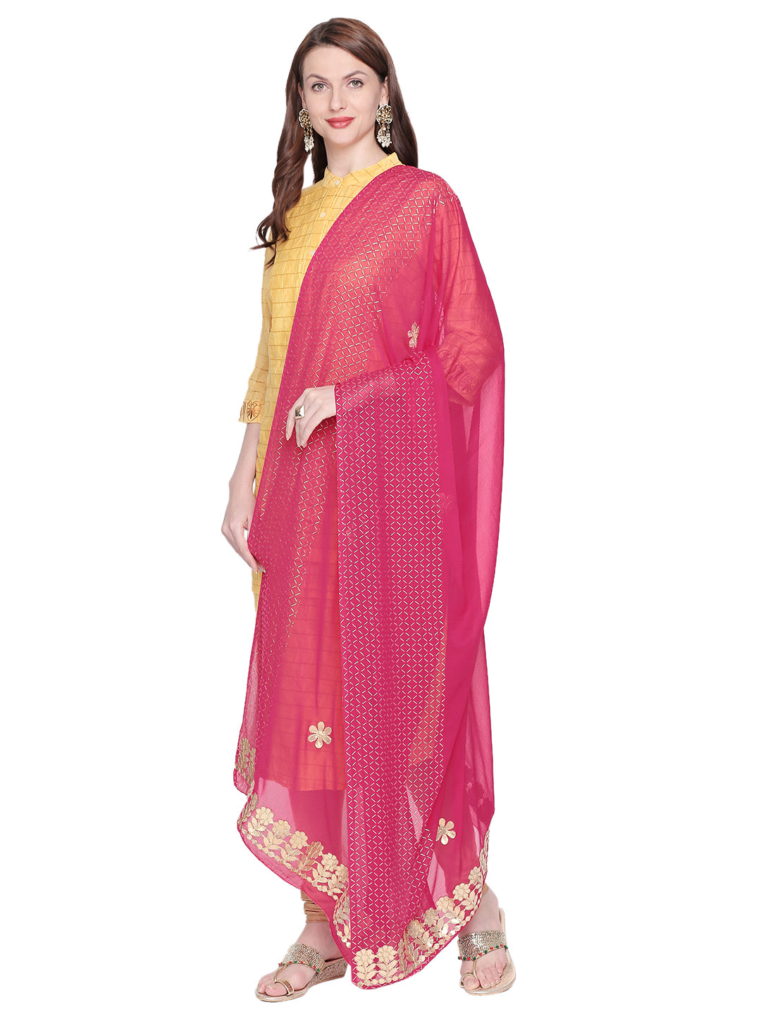 Dupatta Bazaar Woman's Embellished Chiffon Pink Dupatta with Gotta Patti work - Dupatta Bazaar