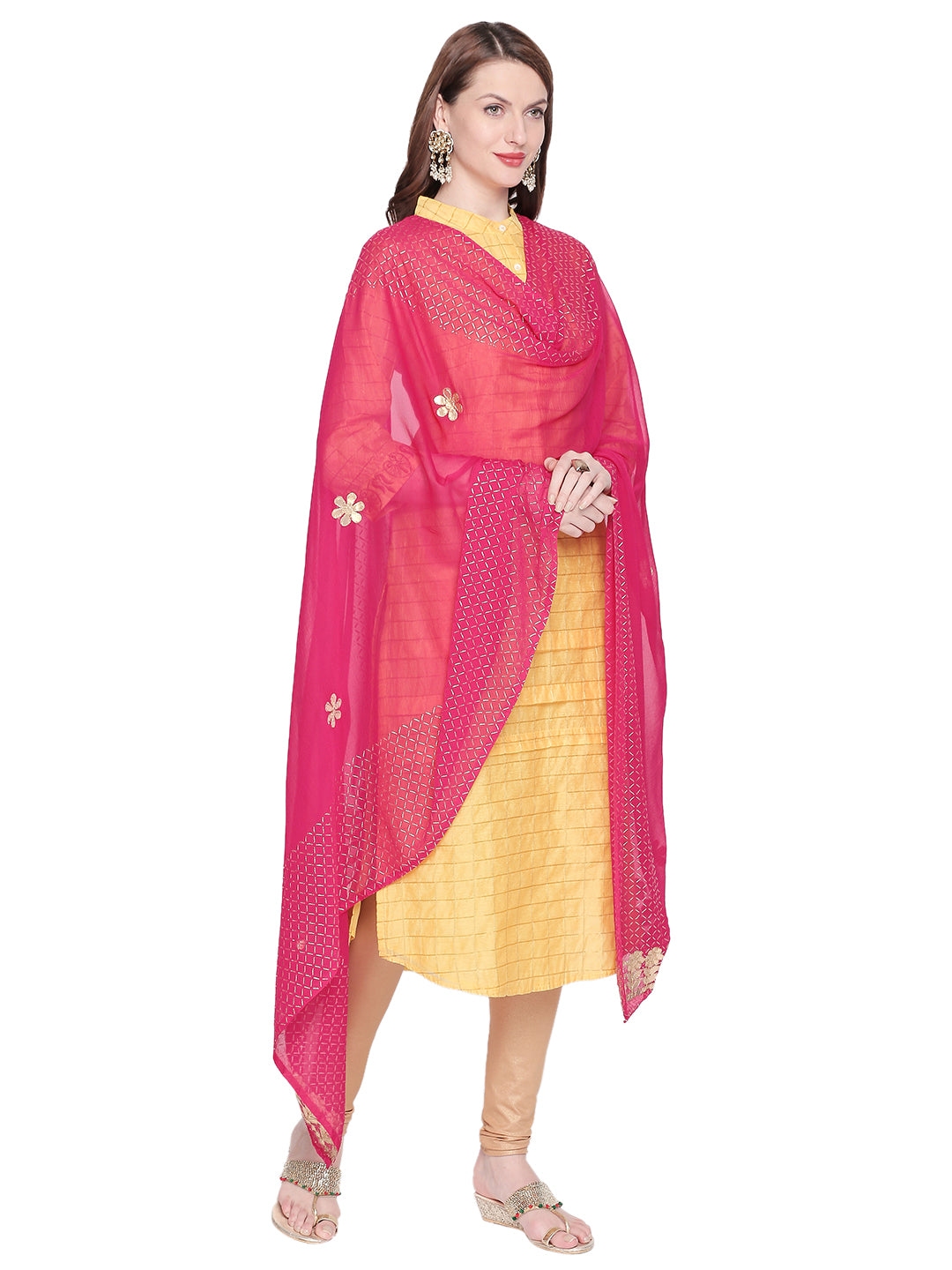Dupatta Bazaar Woman's Embellished Chiffon Pink Dupatta with Gotta Patti work - Dupatta Bazaar