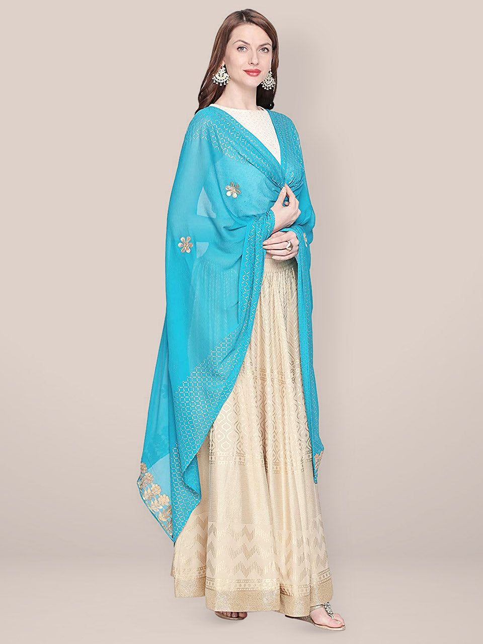 Turquoise Blue Chiffon Dupatta with Gotta Patti work freeshipping - Dupatta Bazaar