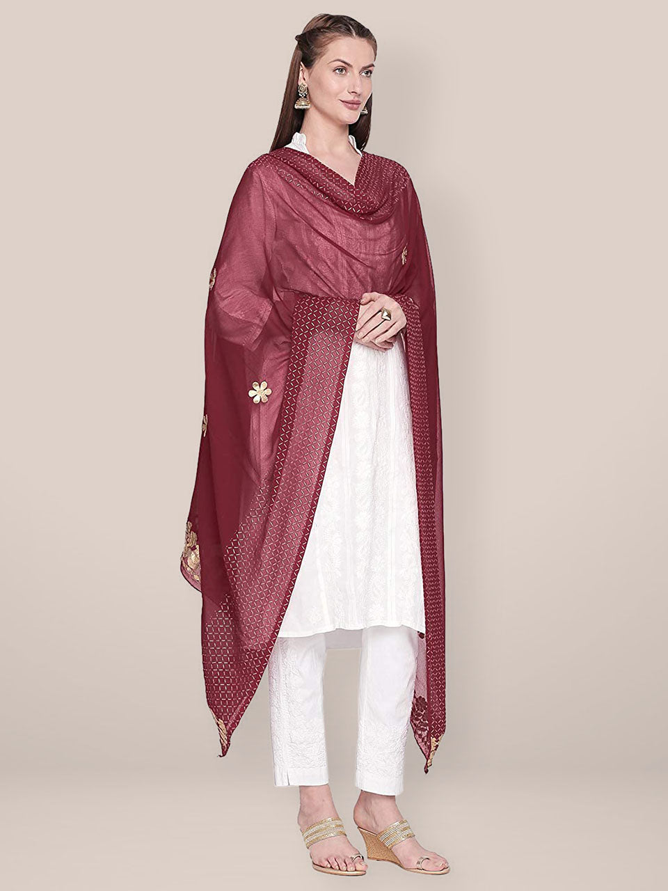 Maroon Chiffon Dupatta with Gotta Patti work freeshipping - Dupatta Bazaar