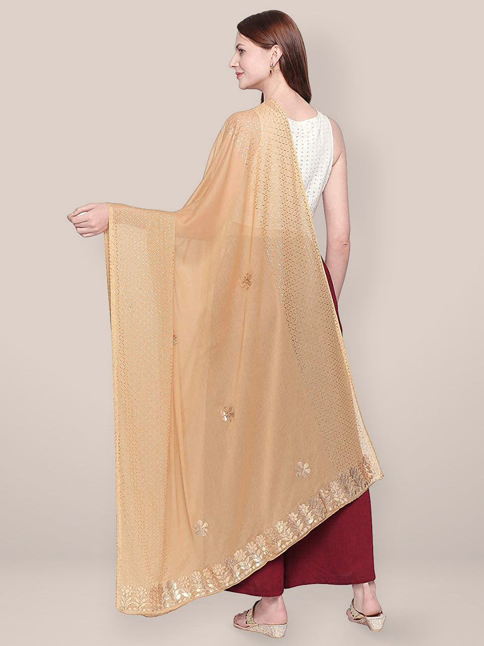Beige Chiffon Dupatta with Gotta Patti work freeshipping - Dupatta Bazaar
