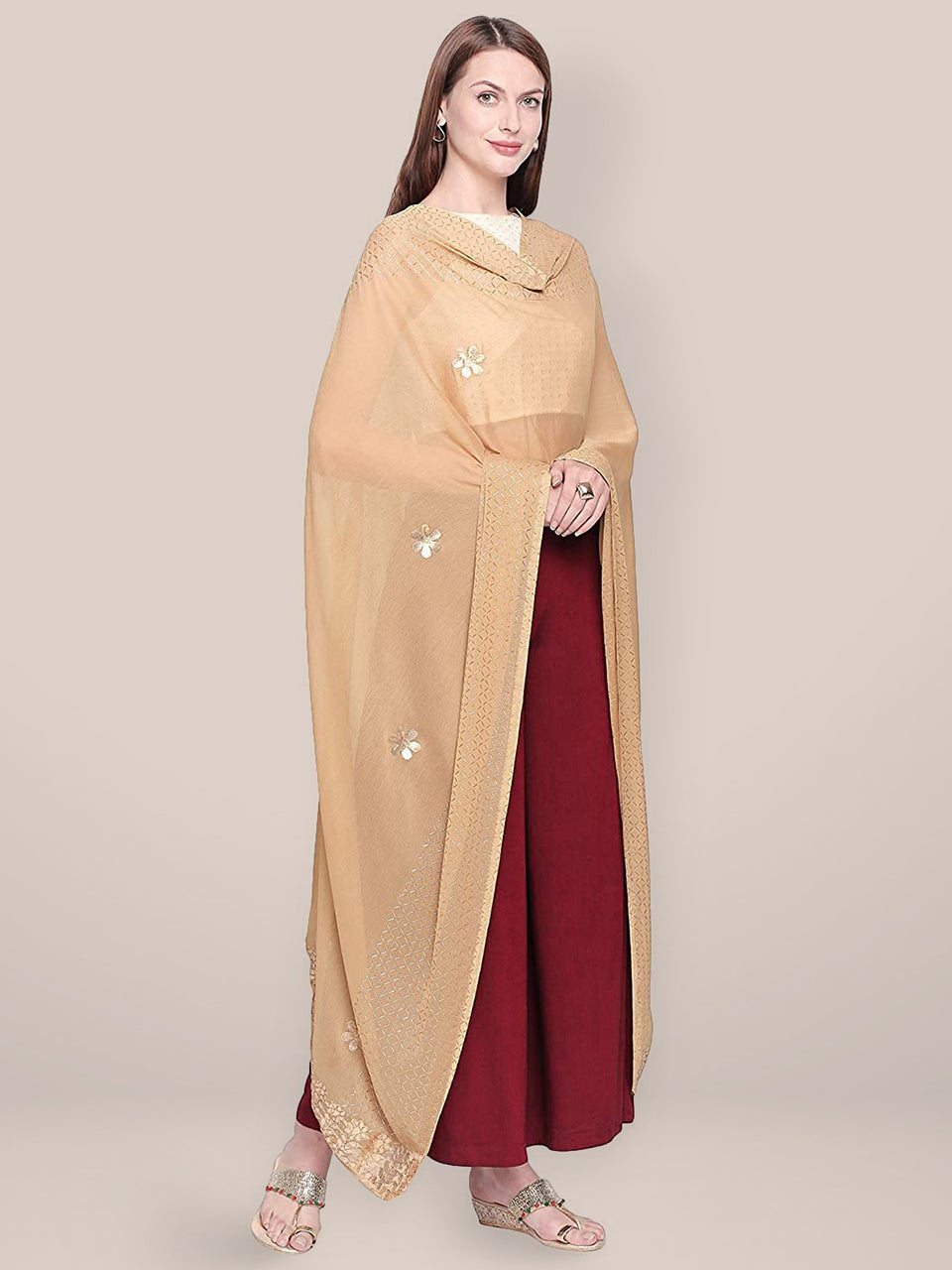 Beige Chiffon Dupatta with Gotta Patti work freeshipping - Dupatta Bazaar