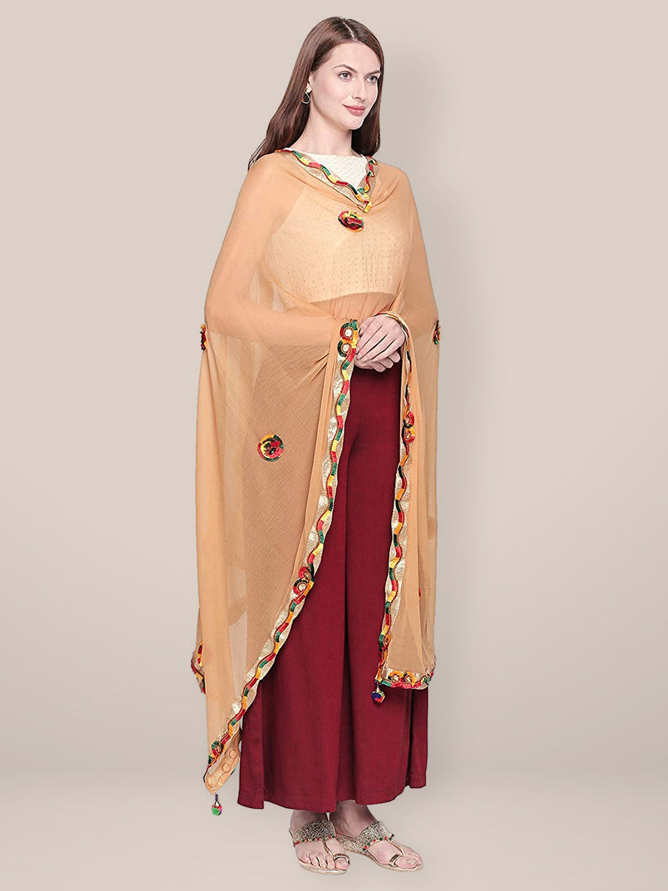Embroidered Beige Chiffon Dupatta. freeshipping - Dupatta Bazaar