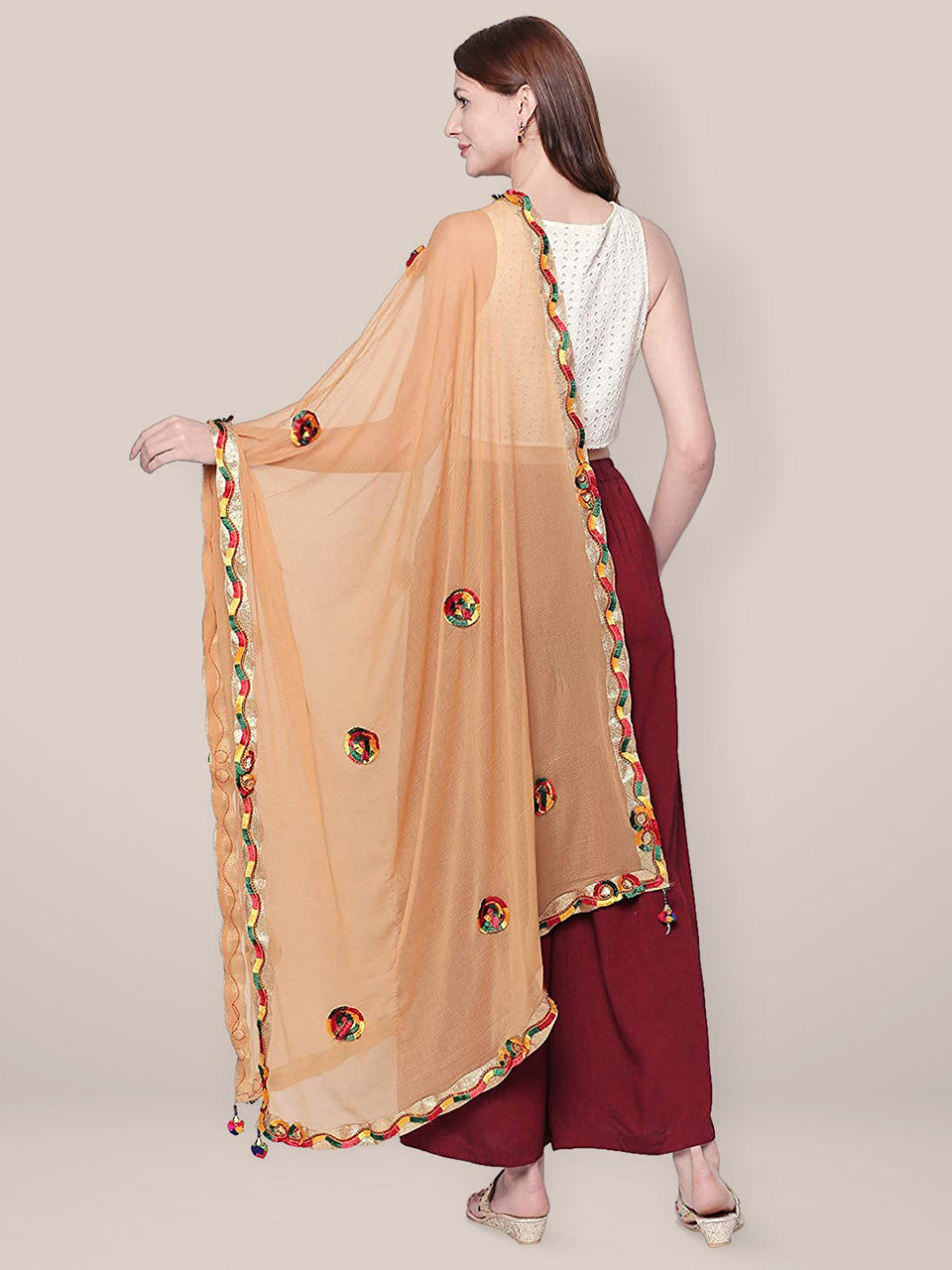 Embroidered Beige Chiffon Dupatta. freeshipping - Dupatta Bazaar