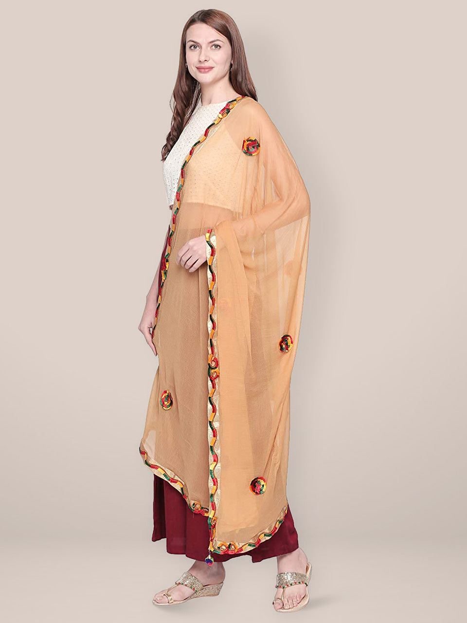 Embroidered Beige Chiffon Dupatta. freeshipping - Dupatta Bazaar
