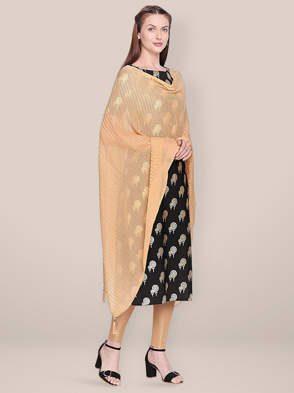 Embroidered Beige Chiffon Dupatta freeshipping - Dupatta Bazaar