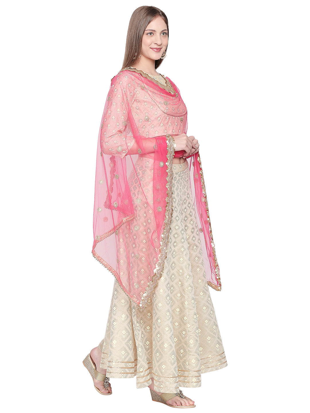 Dupatta Bazaar Woman's Embroidered Pink Net Dupatta. - Dupatta Bazaar