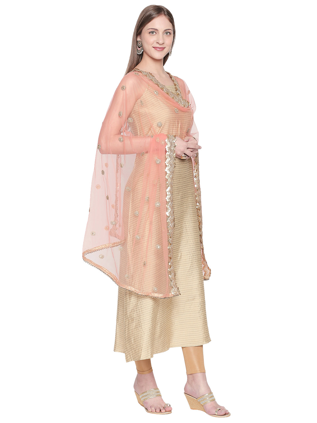 Dupatta Bazaar Woman's Embroidered Peach Net Dupatta. - Dupatta Bazaar