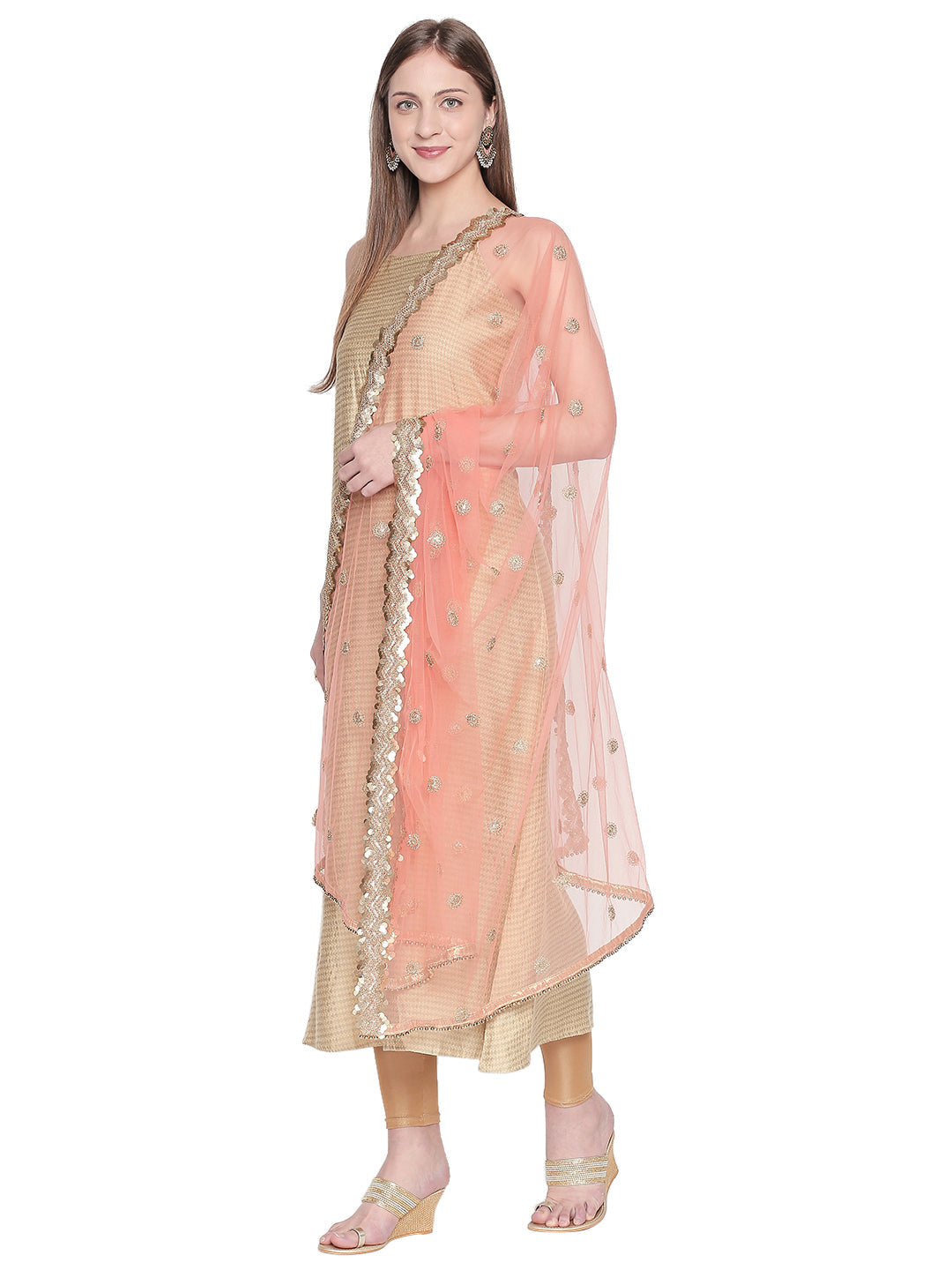 Dupatta Bazaar Woman's Embroidered Peach Net Dupatta. - Dupatta Bazaar